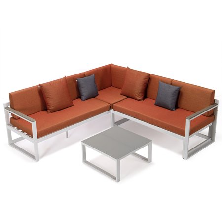 LEISUREMOD Chelsea White Sectional With Adjustable Headrest & Coffee Table With Orange Two Tone Cushions CSLW-80OR-BU